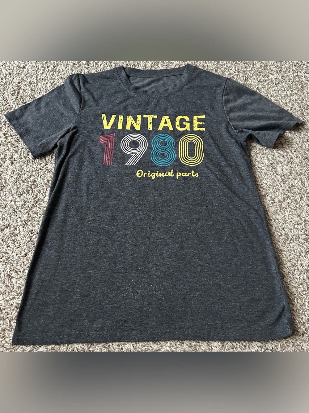 Vintage 1980 Graphic Tee - Charcoal with Yellow, Teal, White, Red Print